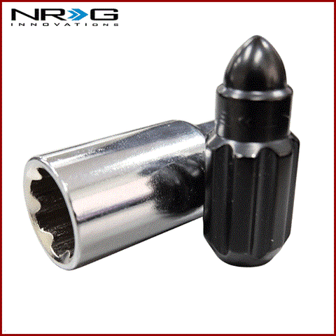 NRG STEEL LUG NUT SET: BULLET SHAPE M12x1.5 (20PC.+ 1-KEY, BLACK)