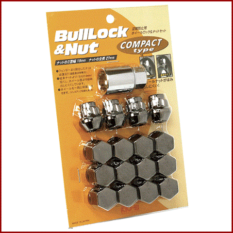 BULL-LOCK COMPACT LUG NUT & LOCK SET: 12 X 1.5, CLOSED-END 19-HEX (12PCS+4-LOCK, BLACK CHROME)