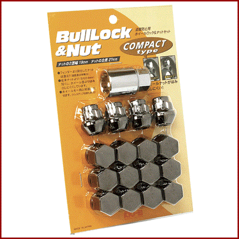 BULL-LOCK COMPACT LUG NUT & LOCK SET: 12 X 1.25, CLOSED-END 19-HEX (12PCS+4-LOCK, BLACK CHROME)