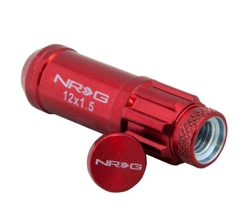 NRG STEEL LUG NUT WITH DUST CAP COVER SET: M12x1.5 (20PC.+ 1-KEY, RED)